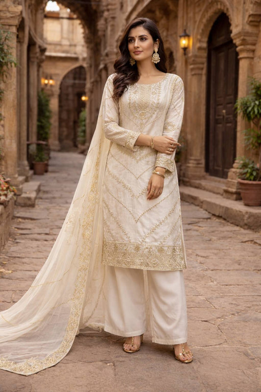Lovely White Heavy Frendy Silk Embroidery Work Palazzo Suit