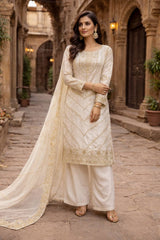 Lovely White Heavy Frendy Silk Embroidery Work Palazzo Suit