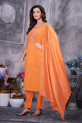 Stylish Brown Roman Silk with Thread Work Kurti Set