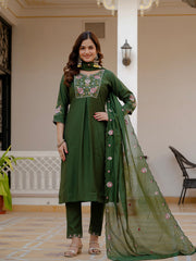 Alluring Rust Pure Viscose Mango Silk Multi Embroidery Work Kurti Set