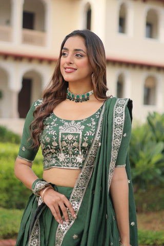 Amazing Green Vichitra Silk Embroidered Lehenga