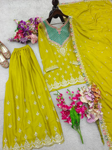 Stylish Chinon Silk Embroidery Work Sharara Suit