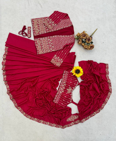 Exclusive Pink Heavy Crep Silk Embroidery Sequence Saree Set