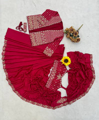 Exclusive Pink Heavy Crep Silk Embroidery Sequence Saree Set