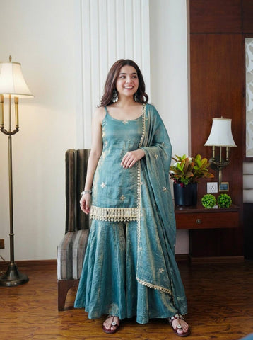 Alluring Fendy Silk Embroidery Sharara Suit