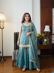 Alluring Fendy Silk Embroidery Sharara Suit