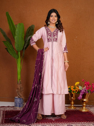 Elegant Roman Silk Multi Embroidery Anarkali Kurti Set