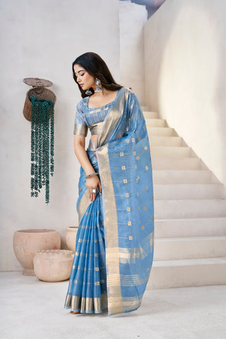 Exclusive Green Soft Linan Cotton Silk Zari Work Saree