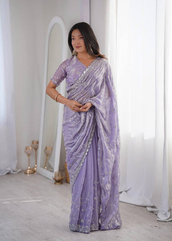 Opulent Peach Silk Saree with Beads Work