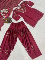 Amazing Maroon Heavy Satin with Embroidery Work Sharara Suit