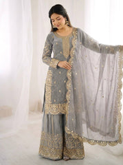 Captivating Orange Fendy Silk Embroidery Palazzo Suit