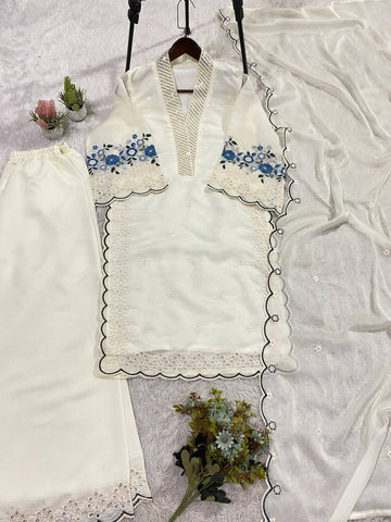 Exclusive White Sequence Embroidery Cut Work Sharara Suit
