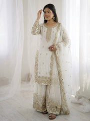 Captivating Orange Fendy Silk Embroidery Palazzo Suit