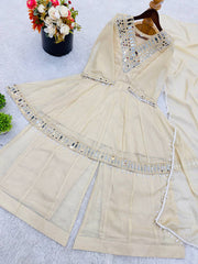 Exclusive Cream Tebby Organza Silk Real Mirror Work Sharara