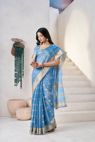 Exclusive Green Soft Linan Cotton Silk Zari Work Saree