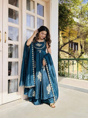 Stunning Maroon Pure Silk Embroidered Gown