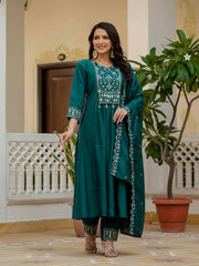 Gorgeous Roman Silk Multi Embroidery Work Anarkali Kurti Set