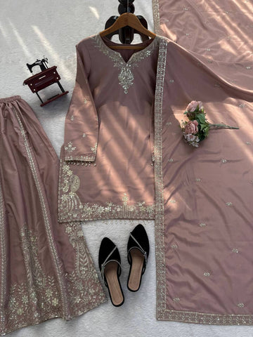 Stunning Brown Heavy Natural Crepe with Intricate Thread Work Sharara Suit