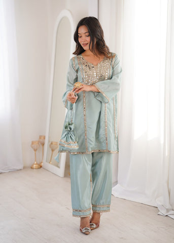 Innovative Pink Mirror Embroidery Kurti Set