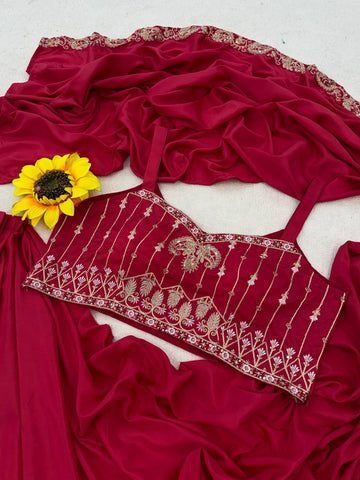 Exclusive Pink Heavy Crep Silk Embroidery Sequence Saree Set