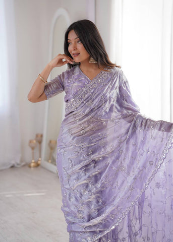 Opulent Peach Silk Saree with Beads Work