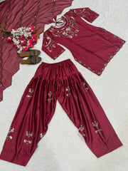 Amazing Maroon Heavy Satin with Embroidery Work Sharara Suit