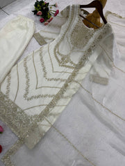 Lovely White Heavy Frendy Silk Embroidery Work Palazzo Suit