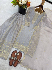 Captivating Orange Fendy Silk Embroidery Palazzo Suit