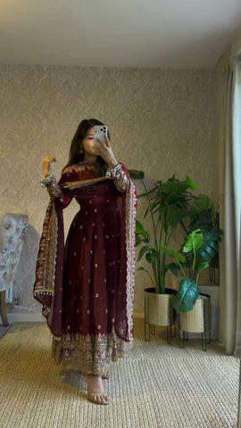 Exclusive Maroon Fandy Satin Silk with Heavy Embroidery Work Gown