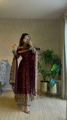 Exclusive Maroon Fandy Satin Silk with Heavy Embroidery Work Gown
