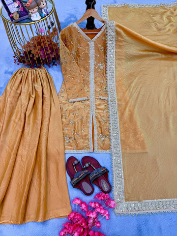Amazing Green Silk with Embroidery Palazzo Suit