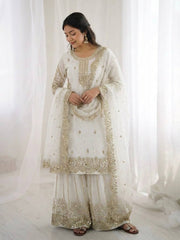 Captivating Orange Fendy Silk Embroidery Palazzo Suit