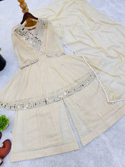 Exclusive Cream Tebby Organza Silk Real Mirror Work Sharara