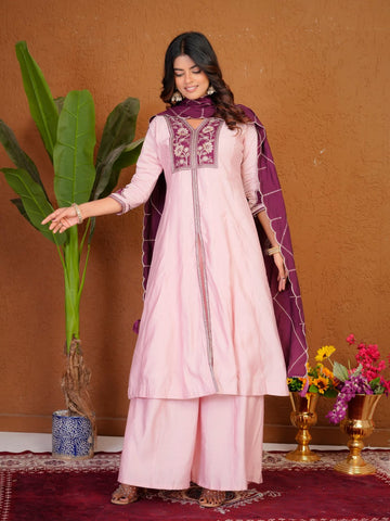Elegant Roman Silk Multi Embroidery Anarkali Kurti Set