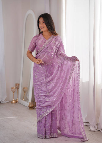 Opulent Peach Silk Saree with Beads Work