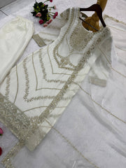 Lovely White Heavy Frendy Silk Embroidery Work Palazzo Suit