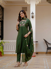 Alluring Rust Pure Viscose Mango Silk Multi Embroidery Work Kurti Set