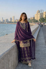 Exclusive Parrot Green Chinon Embroidery Work Palazzo Suit
