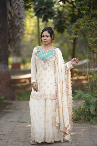 Stylish Chinon Silk Embroidery Work Sharara Suit