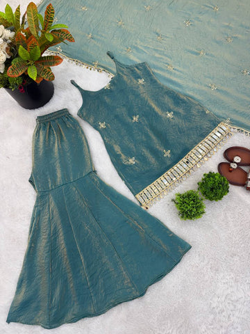 Alluring Fendy Silk Embroidery Sharara Suit