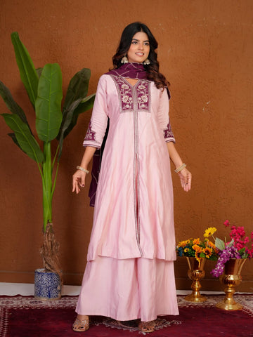Elegant Roman Silk Multi Embroidery Anarkali Kurti Set