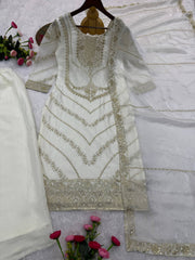 Lovely White Heavy Frendy Silk Embroidery Work Palazzo Suit