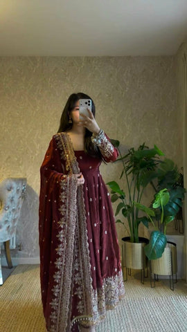 Exclusive Maroon Fandy Satin Silk with Heavy Embroidery Work Gown