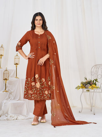 Pretty Brown Pure Cotton Multi-Thread Embroidery Kurti