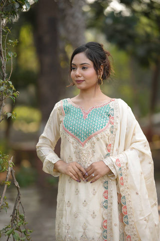 Stylish Chinon Silk Embroidery Work Sharara Suit