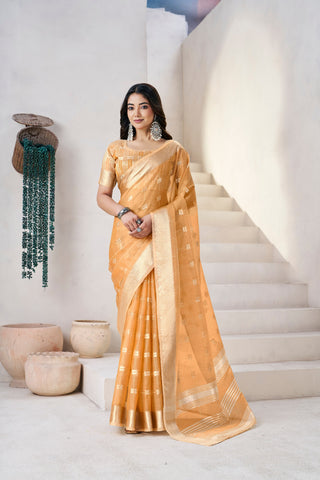 Exclusive Green Soft Linan Cotton Silk Zari Work Saree