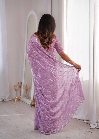 Opulent Peach Silk Saree with Beads Work