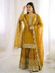 Captivating Orange Fendy Silk Embroidery Palazzo Suit
