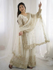 Captivating Orange Fendy Silk Embroidery Palazzo Suit