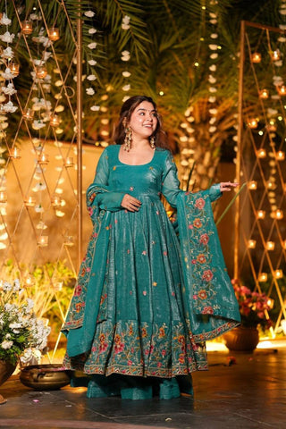 Outstanding Silk Multi Embroidery Work Gown